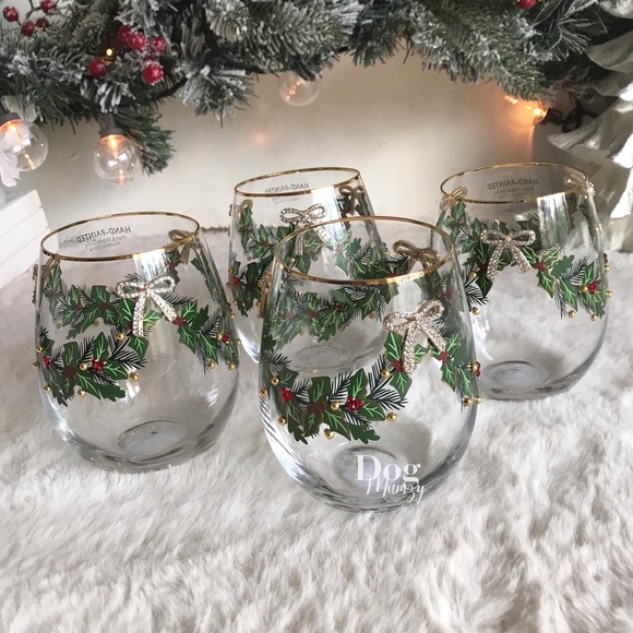4 Gold Rimmed Holly Berry Ribbon Bow Christmas Stemless Wine Glass - Picture 8 of 8